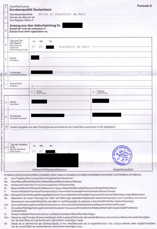 German birth certificates from Germany